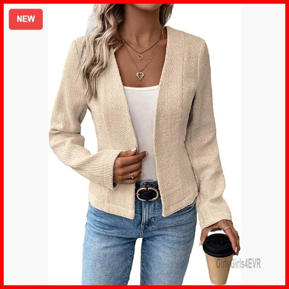 Tweed Blazer Jacket Collarless Open Front Slim Fit Casual Work Coat